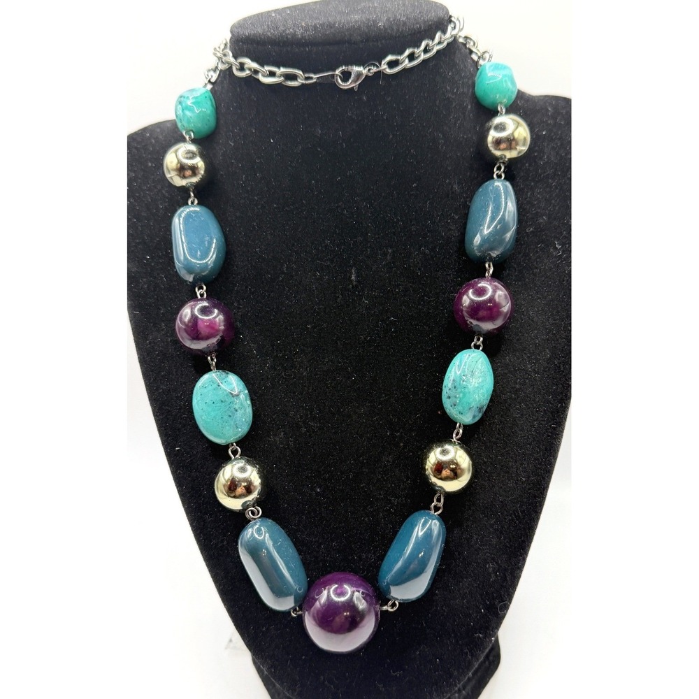 Vintage‎ Colorful Chunky Bead Necklace Gunmetal Chain Artsy Statement 30"